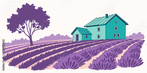A house on a farm with a field of lavender Vector