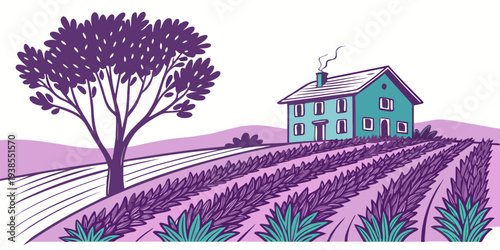 A house and tree in a field of lavender Vector