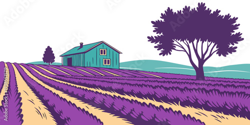 A purple field with a house and a tree Vector