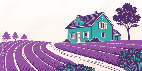 A house in a rural setting with a field of lavender Vector