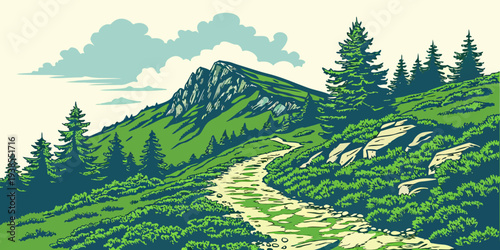 A serene mountain landscape with a winding trail Vector