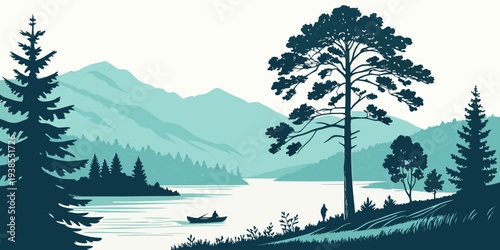 A serene lake scene with mountains and trees Vector