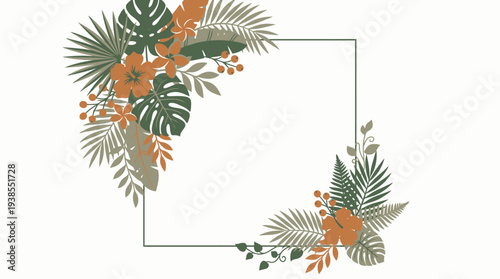 Tropical leaves and flowers border frame.