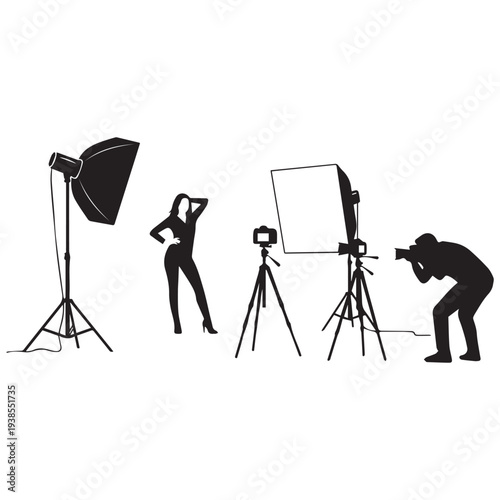 Photographer at work with model and lighting equipment setup