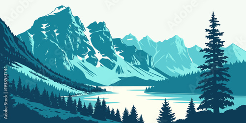 A serene lake surrounded by mountains and trees in a blue color scheme Vector