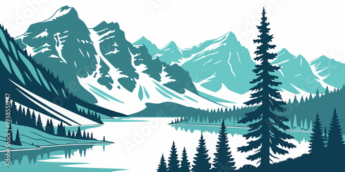 Serene mountain lake scene with trees and snow Vector