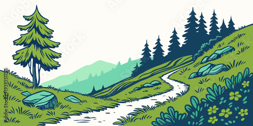 A serene landscape with a winding path through a green valley Vector