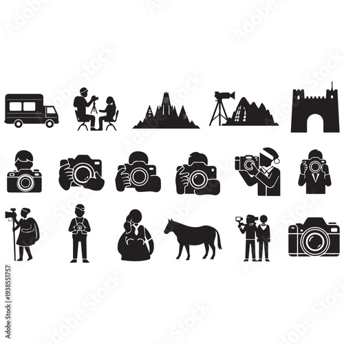 Photography icons set with cameras and travelers