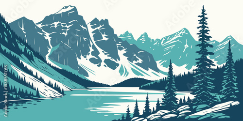 A serene mountain lake surrounded by trees and snow Vector