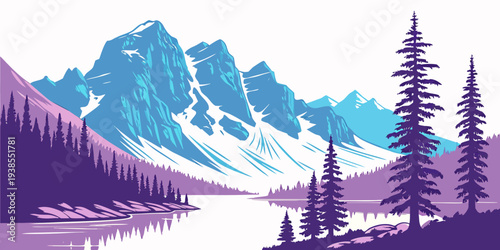 A serene mountain landscape with a lake and trees Vector
