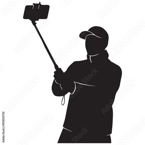 Person taking selfie with smartphone on selfie stick