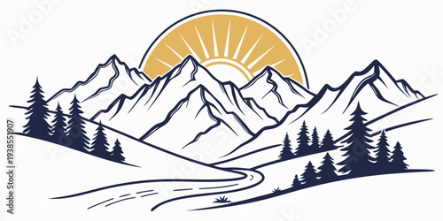 A mountain landscape with a sun rising behind the mountains Vector