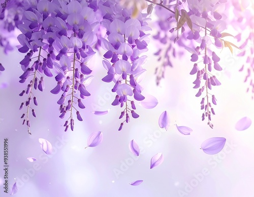 delicate wisteria flowers hanging from above,_soft spring sunlight