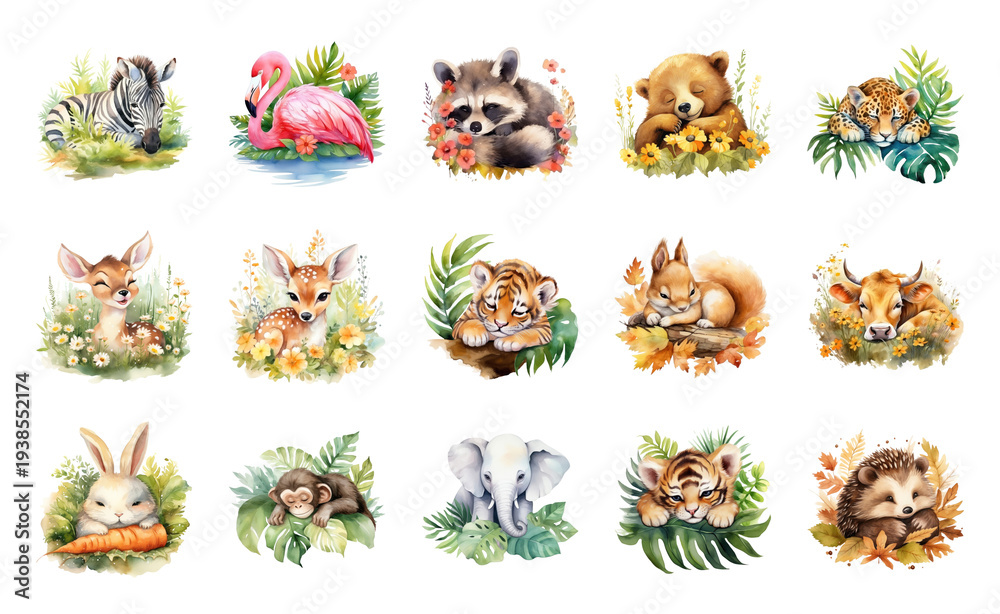 Fototapeta premium PNG Adorable watercolor animal illustrations on transparent background