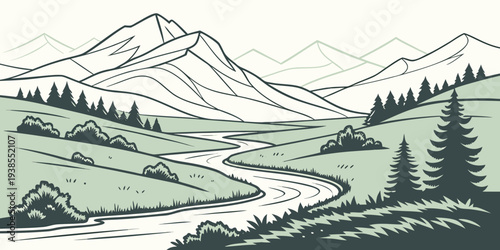 A serene mountain landscape with a winding river Vector