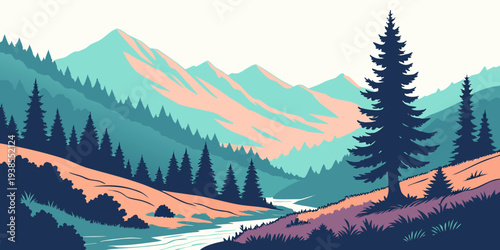 A serene mountain landscape with a river and trees Vector