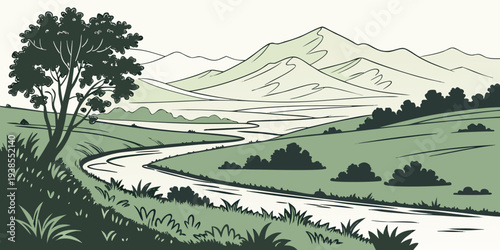 A serene landscape with a river and mountain Vector