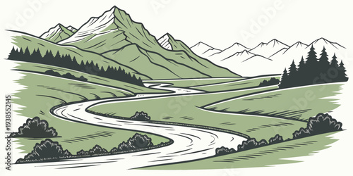 A serene mountain landscape with a winding river Vector