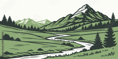 A serene mountain landscape with a winding river Vector