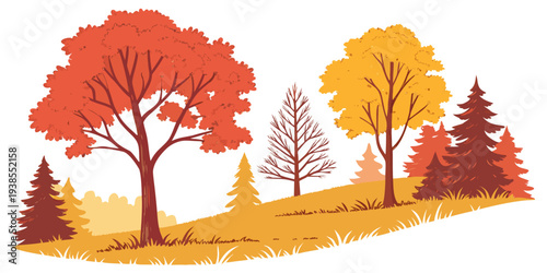 A colorful illustration of trees on a hillside during autumn Vector
