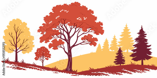 A colorful illustration of trees on a hillside in autumn Vector