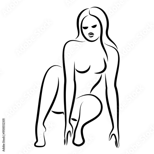 Silhouette of a cute lady, she is sitting. The girl has a beautiful naked figure. The woman is a young sexy and slim model. Vector illustration