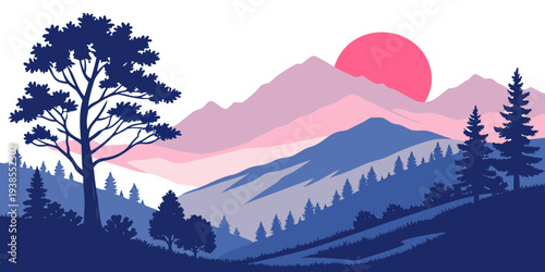 A serene mountain landscape at sunset with trees Vector