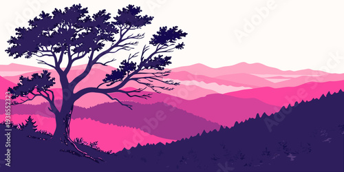 A tree stands alone on a hill at sunset Vector