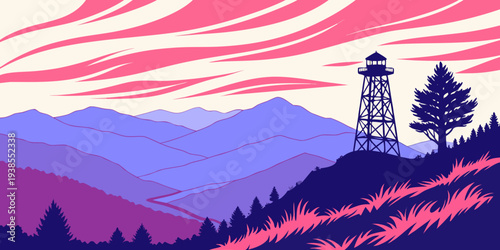 A pixel art landscape with a tower and trees on a hill Vector