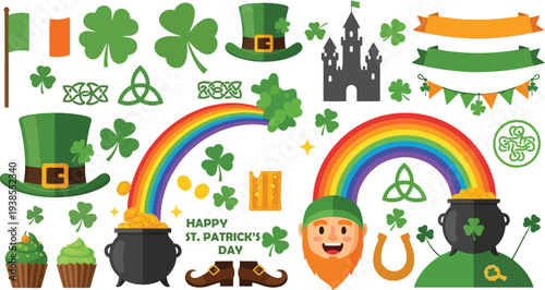 A green cactus in a gold pot set with a shamrock leaf and lucky clover illustration for a St Patrick's Day holiday celebration