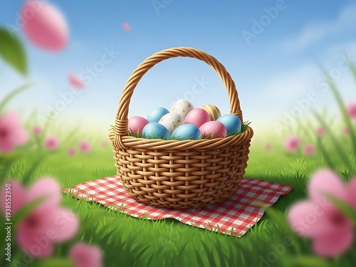 Easter basket filled with colorful eggs on a picnic blanket in a spring garden