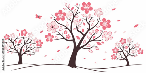 A serene landscape with blooming cherry blossom trees Vector