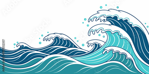 A large wave crashes in the ocean with white and blue colors Vector