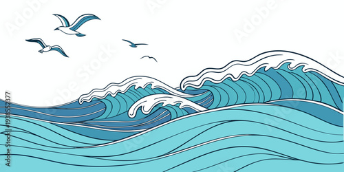 A pixelated image of a wave and birds Vector
