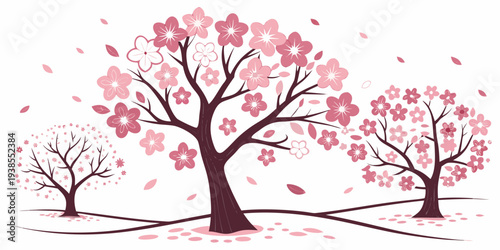 A serene landscape with pink blossoming trees Vector