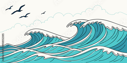 A large wave in the ocean with birds flying overhead Vector