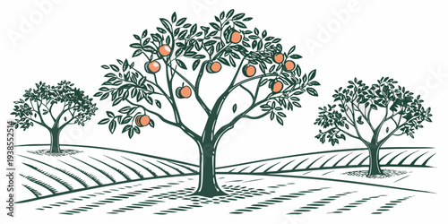 A green and orange tree in a snowy field with other trees Vector