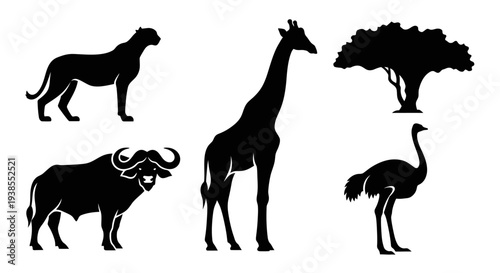 African Safari Animals and Acacia Tree Silhouettes Vector Set