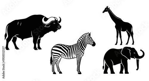African Safari Animals Silhouettes: Buffalo, Zebra, Giraffe, Elephant Wildlife