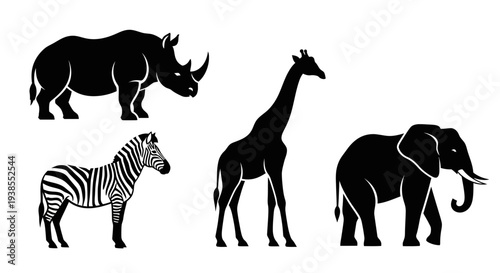 African Safari Animals Silhouettes Collection - Rhino, Zebra, Giraffe, Elephant