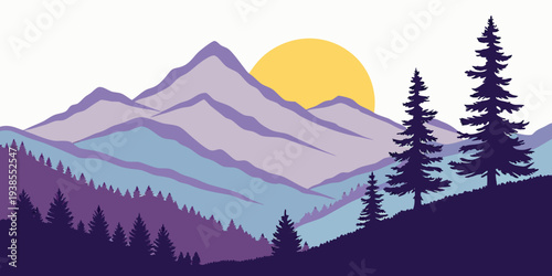 A serene mountain landscape at sunset with trees and a vibrant color palette Vector