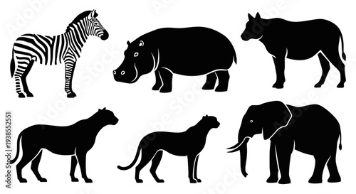 African Safari Animals Silhouettes Collection: Zebra, Hippo, Elephant, and Big Cats