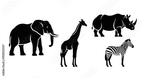 African Safari Animals Silhouettes: Elephant, Giraffe, Rhino, and Zebra Wildlife Collection
