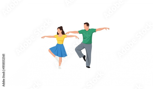 Adult man and young woman cartoon vector dancing in bright dance class