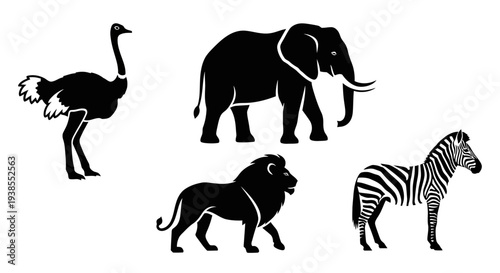 African Safari Animals Silhouettes: Elephant, Lion, Zebra, Ostrich Wildlife Icons