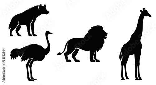 African Safari Animals Silhouettes Collection: Lion, Giraffe, Ostrich, Hyena