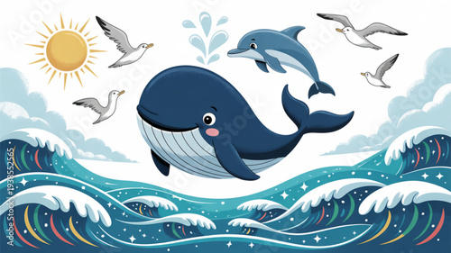 Whale and dolphin swim with seagulls under sunny ocean waves with rainbow highlights