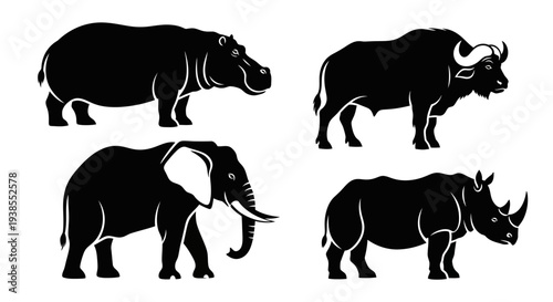 African Safari Animals Silhouettes Set - Elephant, Rhino, Hippo, Buffalo