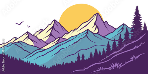 A colorful mountain landscape with a sun setting behind the peaks Vector