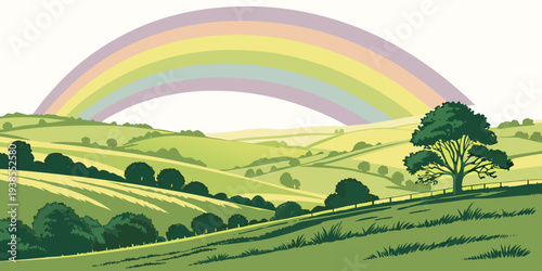 A beautiful rainbow stretches over a green landscape Vector